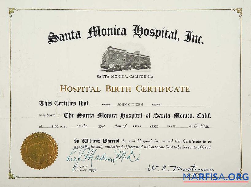 Downloadable United States Santa Monica hospital birth certificate template